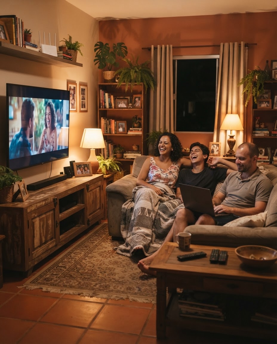 Família usando a internet fibra da Grupo Digital